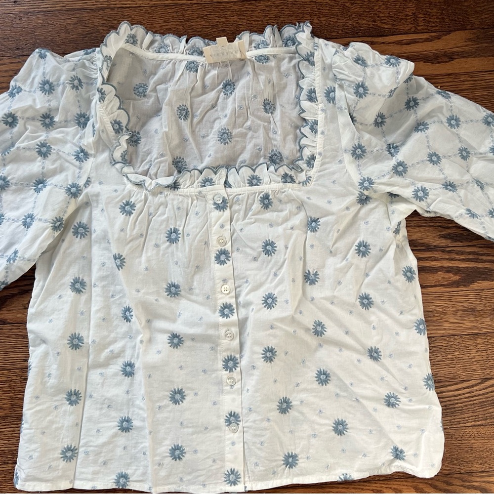 Sezane White Cotton Blouse with Light Blue Floral Embroidery